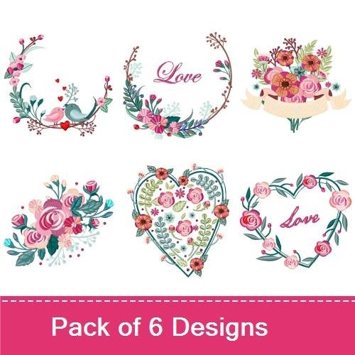 Romantic Floral Embroidery Designs Bundle – Floral Heart, Wreath with Love, Bouquet & More (6 Designs)