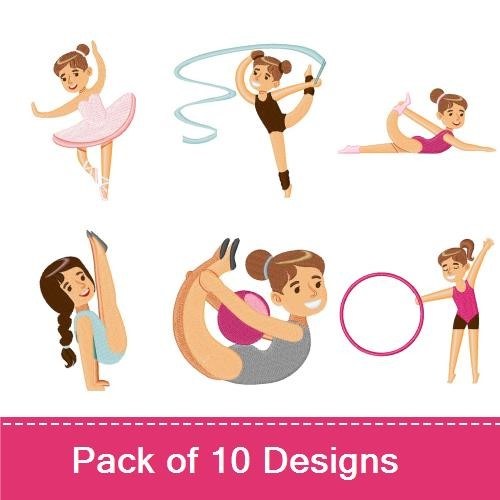 Ballet & Gymnast Girls Embroidery Designs Bundle – Ballet Dancer with Pink Tutu, Gymnast Performing Routine & More (10 Designs)