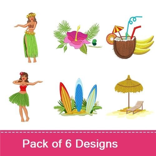Tropical Island Embroidery Designs Bundle – Hula Dancer, Tropical Flower Arrangement, Cocktail with Fruits & More (6 Designs)