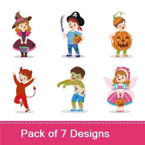 Halloween Kids Costumes Embroidery Bundle – Witch Kid, Pirate Kid, Pumpkin Kid & More (7 Designs)