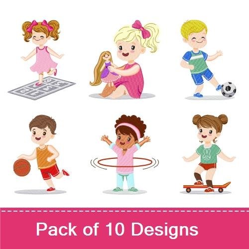 Playful Kids Activities Embroidery Designs Bundle – Boy Playing with Truck, Girl Jumping on a Mat, Boy Playing Soccer & More (10 Designs)