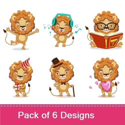 Cute Lion Characters Embroidery Designs Bundle – Meditating Lion, Lion with Headphones, & More (6 Designs)