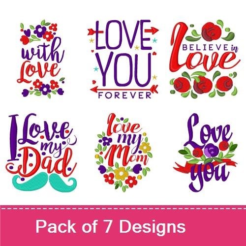 Love & Family Sentiments Embroidery Designs Bundle – With Love, Love You Forever, Believe in Love & More (7 Designs)
