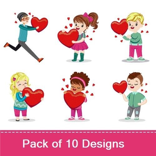 Kids and Teens with Hearts Embroidery Designs Bundle – Girl Hugging Heart, Boy Holding Large Heart, Girl with Heart Running & More (10 Designs)