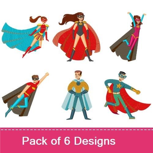 Superhero Characters Embroidery Designs Bundle – Female Superhero with Cape, Male Superhero with Cape & More (6 Designs)
