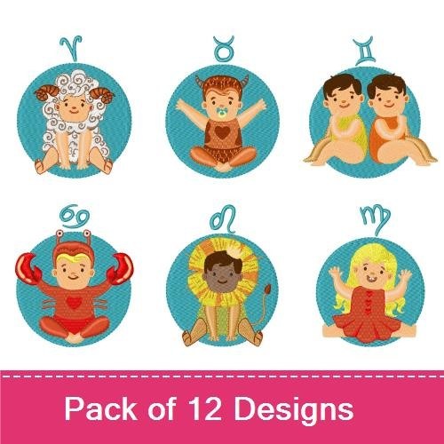 Zodiac Baby Characters Embroidery Bundle – Aries Baby, Cancer Baby, Leo Baby & More (12 Designs)