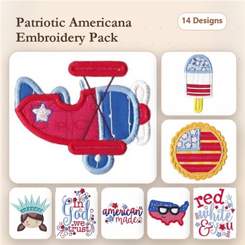 Applique Patriotic Americana Embroidery Designs Bundle – Airplane, Popsicle, Statue of Liberty & More (14 Designs)