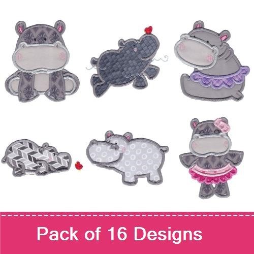 Applique Adorable Hippo Embroidery Bundle – Hippo with Pool Float, Hippo with Swimsuit, Hippo Family & More (16 Designs)
