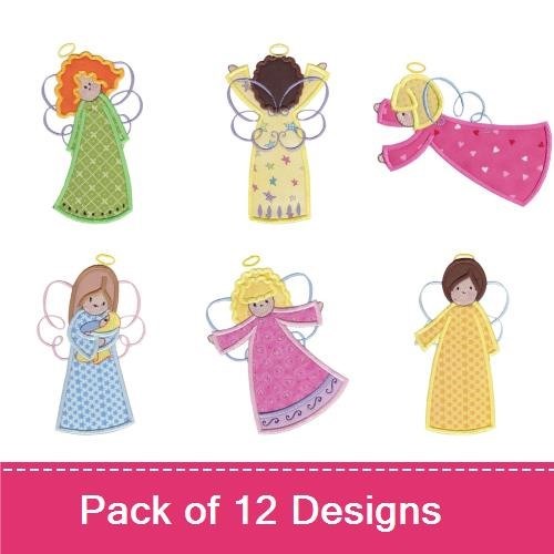 Applique Whimsical Angels Embroidery Designs Bundle – Angel with Red Hair, Yellow Dress, Pink Dress & More (12 Designs)
