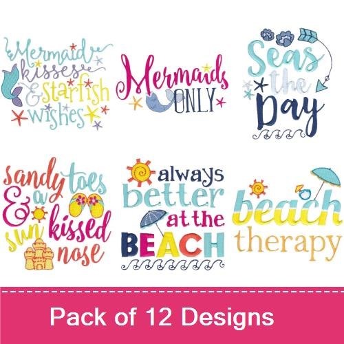 Beach & Mermaid Embroidery Designs Bundle – Sun Sand Drink, Mermaids Only, Need Vitamin Sea & More (12 Designs)