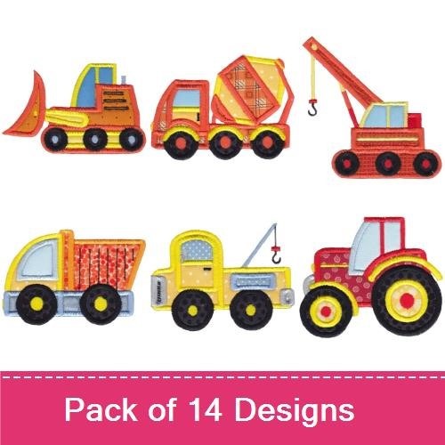 Applique Construction Vehicles Embroidery Bundle – Bulldozer, Dump Truck, Crane, Excavator & More (14 Designs)