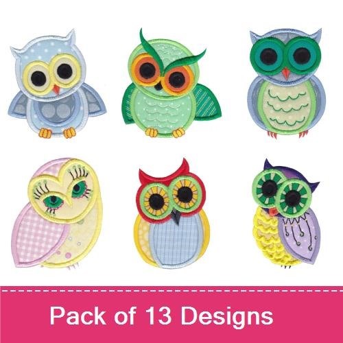 Applique Whimsical Owls Embroidery Bundle – Blue Owl, Green Owl, Pink Owl & More (13 Designs)