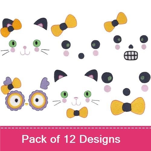 Halloween Faces Embroidery Designs Bundle – Pumpkin Face, Ghost Face, Cat Face with Bow & More (12 Designs)