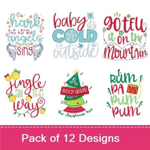Holiday Sentiment Embroidery Designs Bundle – Silent Night, Hark the Herald Angels Sing, & More (12 Designs)
