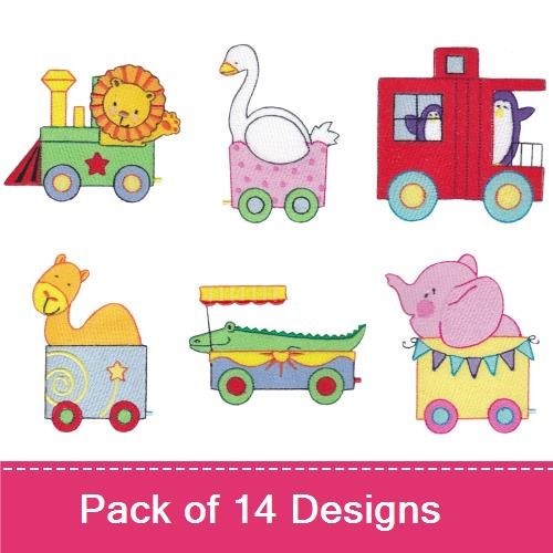 Cute Animal Train Embroidery Designs Bundle – Lion, Goose, Camel, Pig & More (14 Designs)