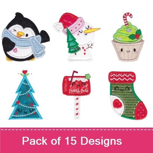 Applique Cute Christmas Characters Embroidery Designs Bundle – Penguin with Scarf, Snowman with Hat, Christmas Tree & More (15 Designs)