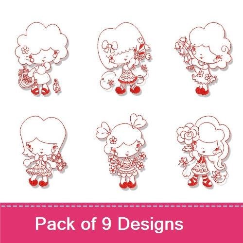 Redwork Cute Girls Embroidery Designs Bundle – Girl with Basket, Girl with Purse, & More (9 Designs)