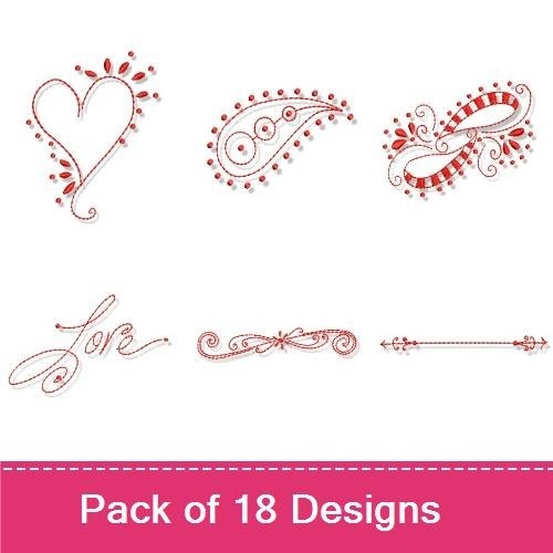 Redwork Love & Friendship Embroidery Designs Bundle – Heart Design, Ornamental Paisley, Decorative Frame & More (18 Designs)