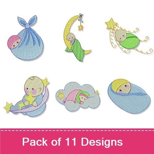 Baby-Themed Embroidery Designs Bundle – Baby on Moon, Baby in Swaddle, Cuddly Baby & More (11 Designs)