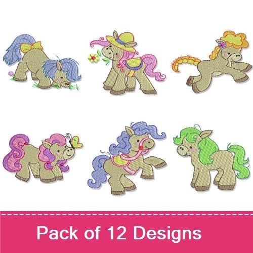Pony Embroidery Designs Bundle – Pony with Flower, Pony with Hat, Pony Eating Grass & More (12 Designs)