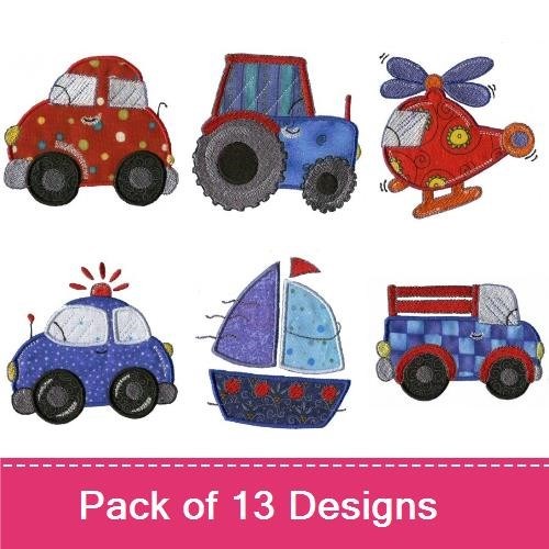 Applique Cute Vehicles Embroidery Designs Bundle – Red Polka Dot Car, Tractor, Helicopter & More (13 Designs)