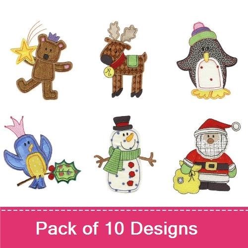 Christmas Characters Embroidery Designs Bundle – Mouse in Stocking, Teddy Bear, Reindeer, Santa Claus & More (10 Designs)