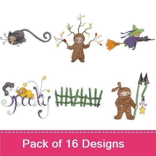 Cute Halloween Characters Embroidery Designs Bundle – Witch on Broomstick, Black Cat, Tree Monster & More (16 Designs)