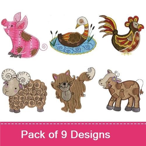 Applique Farm Animal Embroidery Bundle – Pig, Duck with Swirl, Rooster & More (9 Designs)