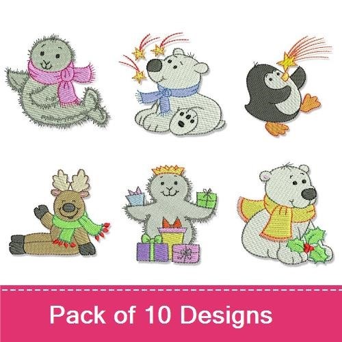 Cozy Winter Animals Embroidery Designs Bundle – Seal with Gifts, Polar Bear with Scarf, Penguin with Presents & More (10 Designs)