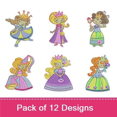 Cute Princess Characters Embroidery Designs Bundle – Ballet Princess, Cinderella Princess, Mermaid Princess & More (12 Designs)