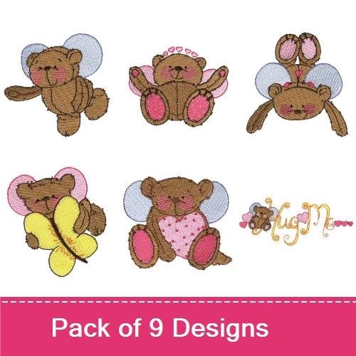 Cute Teddy Bears Embroidery Designs Bundle – Teddy Bear with Hearts, Wings, Flowers & More (9 Designs)