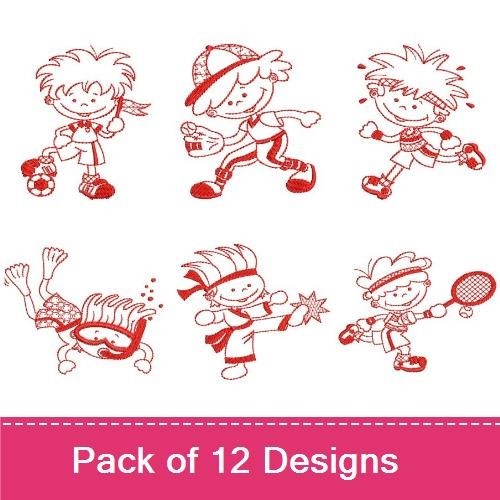 Redwork Sports Embroidery Designs Bundle – Boy Playing Soccer, Boy Dribbling Basketball, Boy Riding Bike & More (12 Designs)