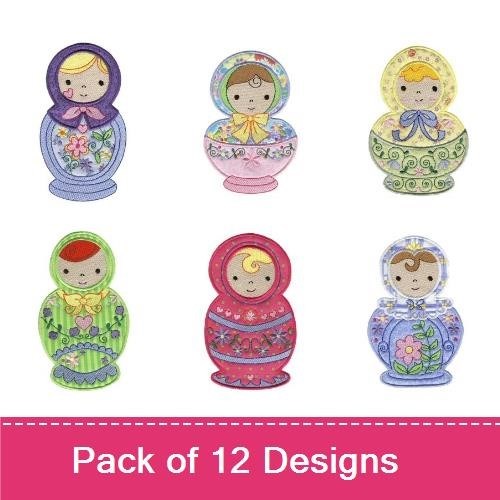 Applique Colorful Matryoshka Dolls Embroidery Bundle – Flowers, Hearts, Blue & More (12 Designs)