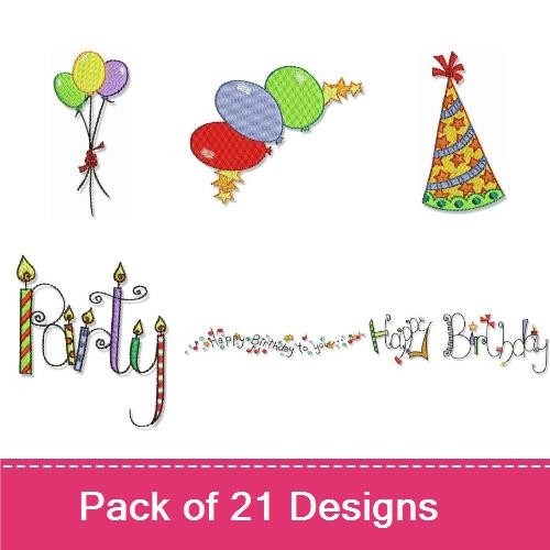Birthday Party Decorations Embroidery Designs Bundle – Balloon Bouquet, Birthday Hat, Cupcake & More (21 Designs)