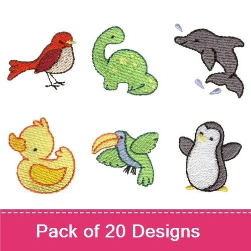 Cute Baby Animals Embroidery Designs Bundle – Bear Cub, Bee, Chick, Dolphin & More (20 Designs)