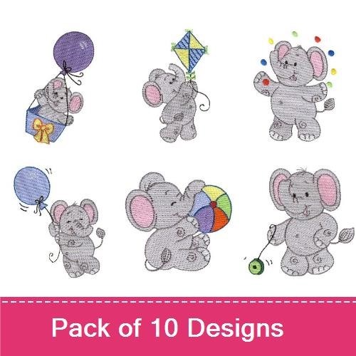 Baby Elephant Embroidery Designs Bundle – Elephant with Balloon, Elephant with Kite, Elephant with Gift & More (10 Designs)