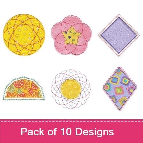 Applique Colorful Geometric Shapes Embroidery Bundle – Yellow Circle, Pink Flower, Purple Diamond & More (10 Designs)