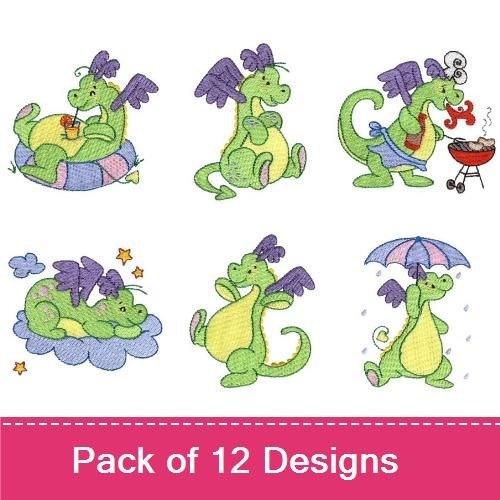 Playful Dragons Embroidery Designs Bundle – Dragon with Butterfly, Dragon with Flower, Dragon with Heart & More (12 Designs)