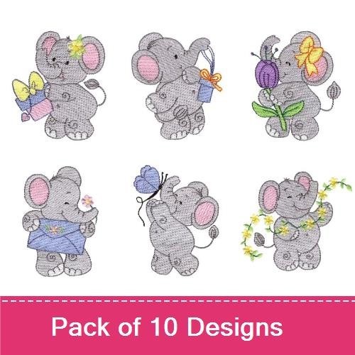 Cute Elephants Embroidery Bundle – Elephant with Balloons, Gift, Party Hat & More (10 Designs)