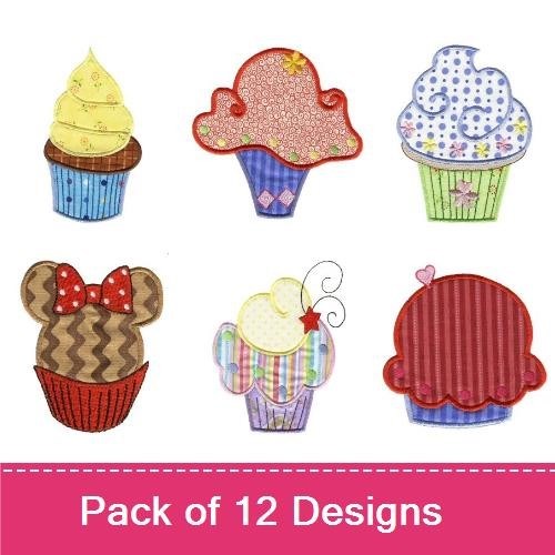Applique Cupcake Embroidery Bundle – Yellow Ice Cream Cupcake, Red Frosted Cupcake, Polka Dot Cupcake & More (12 Designs)