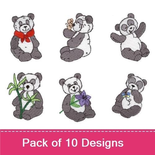 Cute Panda Bears Embroidery Bundle – Panda with Red Scarf, Panda Holding Flower, Panda Relaxing & More (10 Designs)