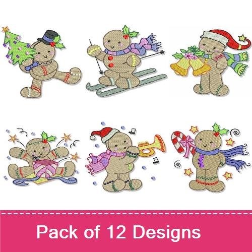 Gingerbread Characters Embroidery Designs Bundle – Gingerbread with Christmas Tree, Gingerbread on Skis, & More (12 Designs)