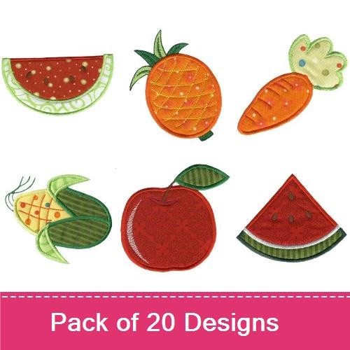 Applique Fruits and Vegetables Embroidery Bundle – Pineapple, Watermelon Slice, Carrot & More (20 Designs)