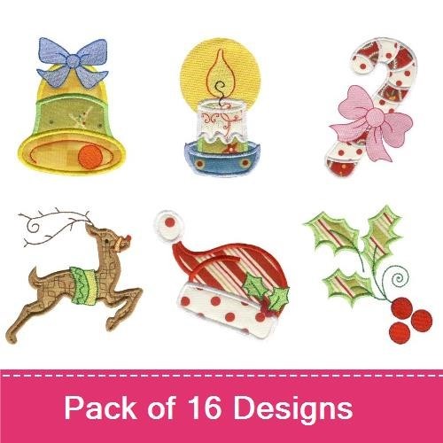 Applique Whimsical Christmas Embroidery Bundle – Christmas Pudding, Ornament, Bell, Santa Face & More (16 Designs)