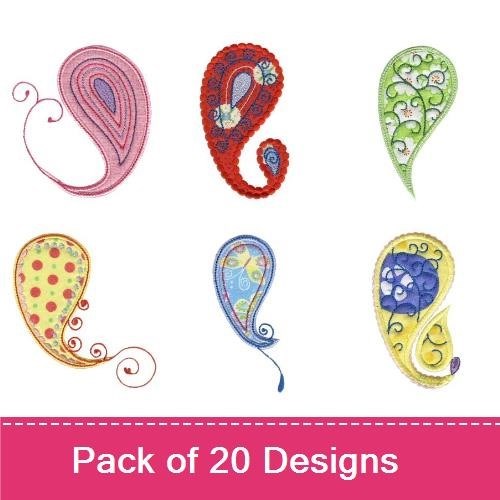 Applique Colorful Paisley Embroidery Designs Bundle – Red Paisley with Flowers, Blue Paisley, Pink Paisley & More (20 Designs)