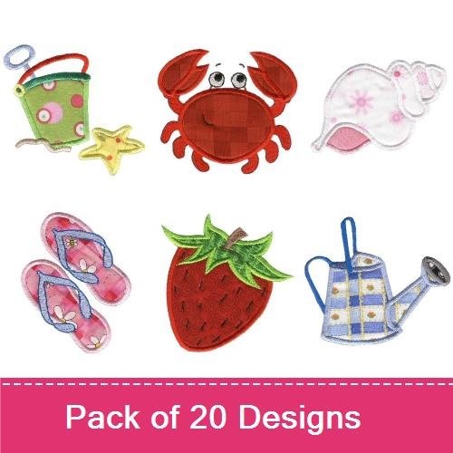 Applique Summer Beach Activities Embroidery Bundle – Sailboat, Beach Ball, Ice Cream Cone & More (20 Designs)