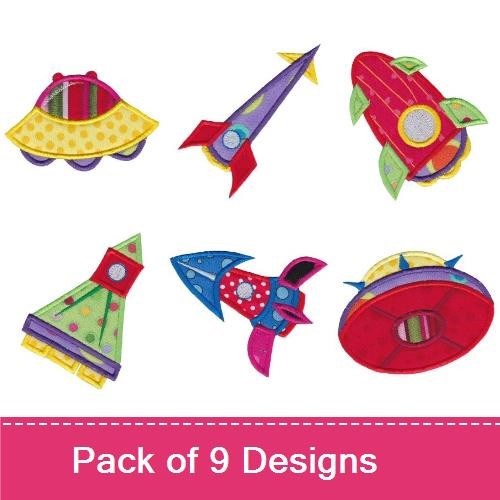 Applique Colorful Space Rockets Embroidery Designs Bundle – Rocket Ship with Red and Blue Design, Yellow UFO with Polka Dots & More (9 Designs)