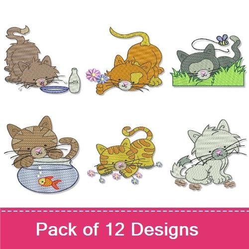 Playful Cat Embroidery Designs Bundle – Cat with Yarn, Sleeping Gray Cat, Curious Cat & More (12 Designs)