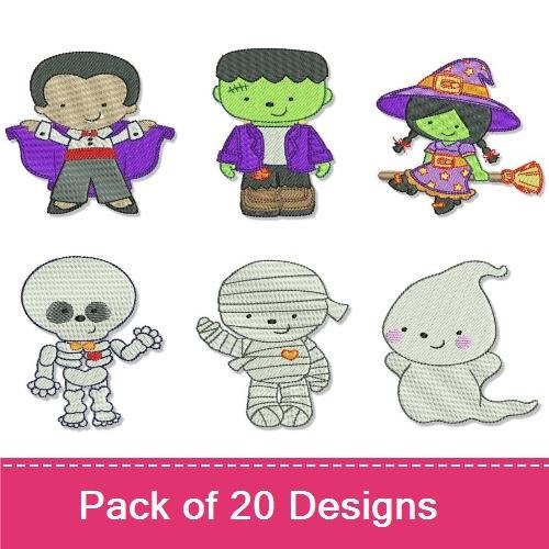 Halloween Characters Embroidery Designs Bundle – Vampire Kid, Frankenstein Kid, Witch with Broom & More (20 Designs)