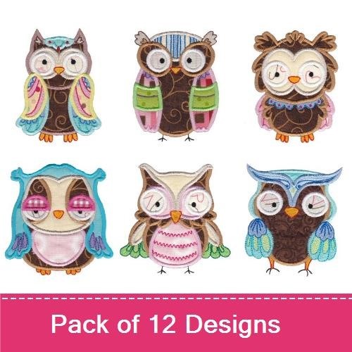 Applique Colorful Owl Embroidery Bundle – Owl with Glasses, Green and Brown Owl, Cute Owl with Bowtie & More (12 Designs)